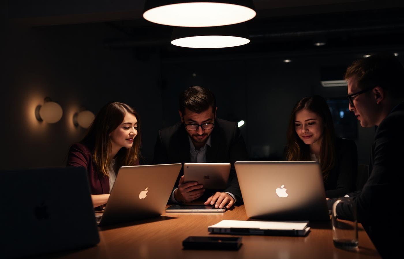 Equipo colaborando con dispositivos Apple