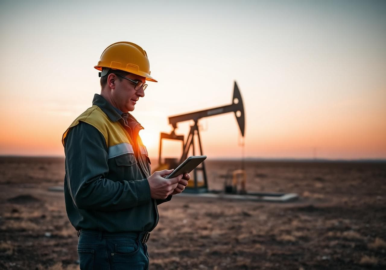 Operario en yacimiento petrolero utilizando un iPad